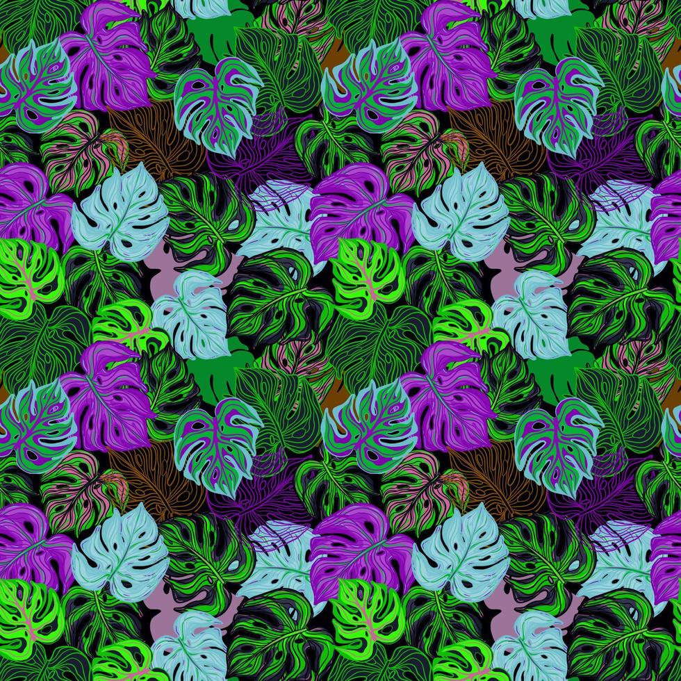 neon monstera laat naadloos patroon achter. zure tropische achtergrond. levendige gebladerte achtergrond. tropisch blad. vector