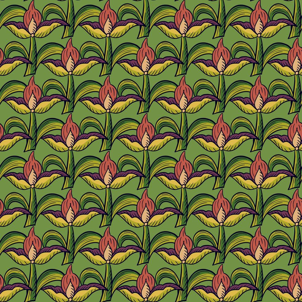 roze tulp bloemen elementen naadloze patroon in abstracte stijl. groene heldere achtergrond. doodle vormen. vector