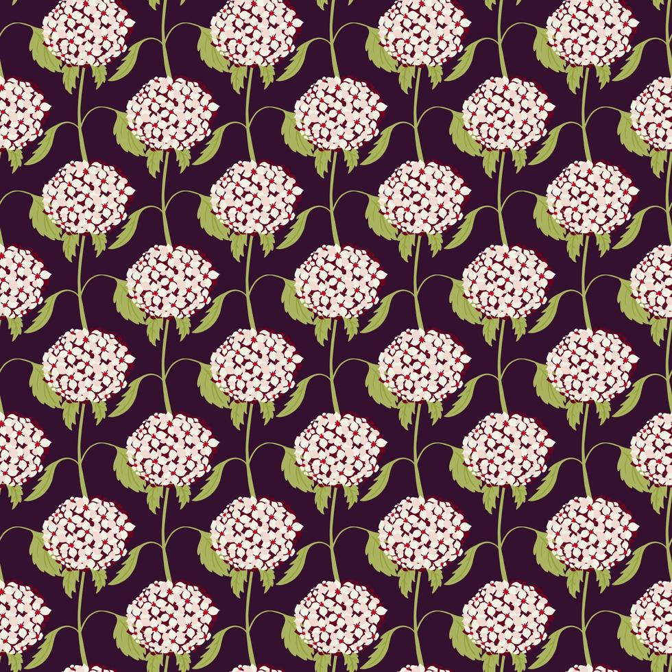 hand getekende roze kleine hortensia bloem vormen naadloze patroon. donkere achtergrond. eenvoudige plantkunde afdrukken. vector