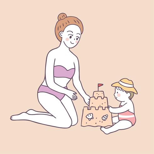 Beeldverhaal schattig zomer moeder en baby spelen zand vector. vector