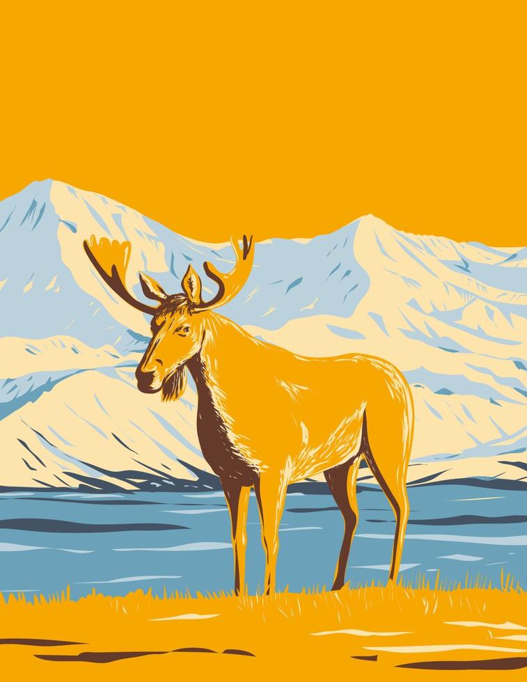 Amerikaanse elanden of elanden in het nationale park van Denali en bewaar of monteer mckinley in alaska wpa poster art vector