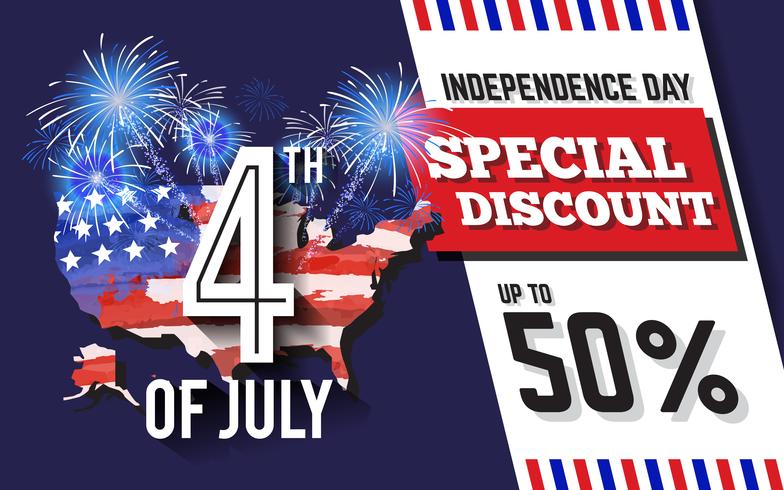 4 juli Celebration Discount Promotion Background Design met USA Map en Fireworks vector