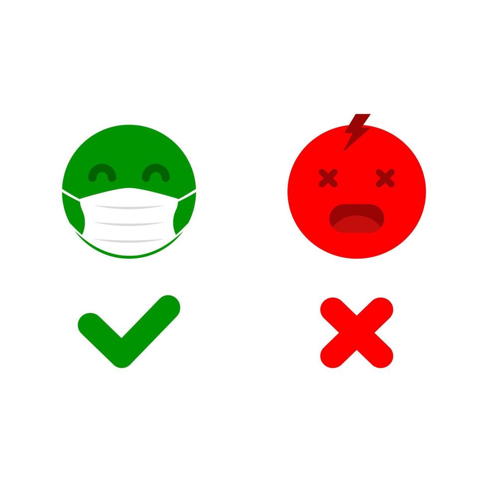 emoji met masker en zonder masker. regels tijdens het virus. goed en kwaad een masker dragen. vector icoon