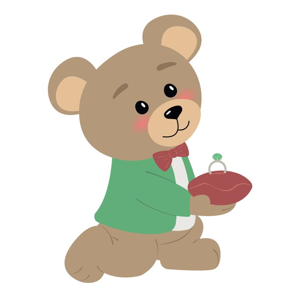 schattige teddybeer staat op de knie en doet een huwelijksaanzoek met een ring in handen. platte vectorillustratie vector