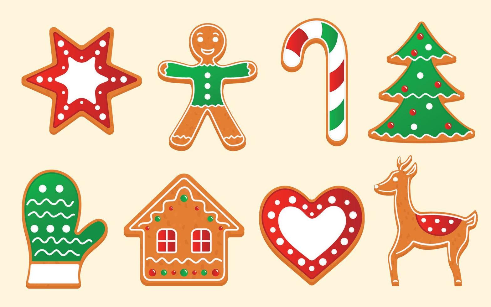 kleurrijke mooie kerstkoekjes pictogrammen instellen. zoete versierde nieuwjaarsruggen - peperkoekman kerstboom, hert, huis, handschoen. vakantie vector symbolen