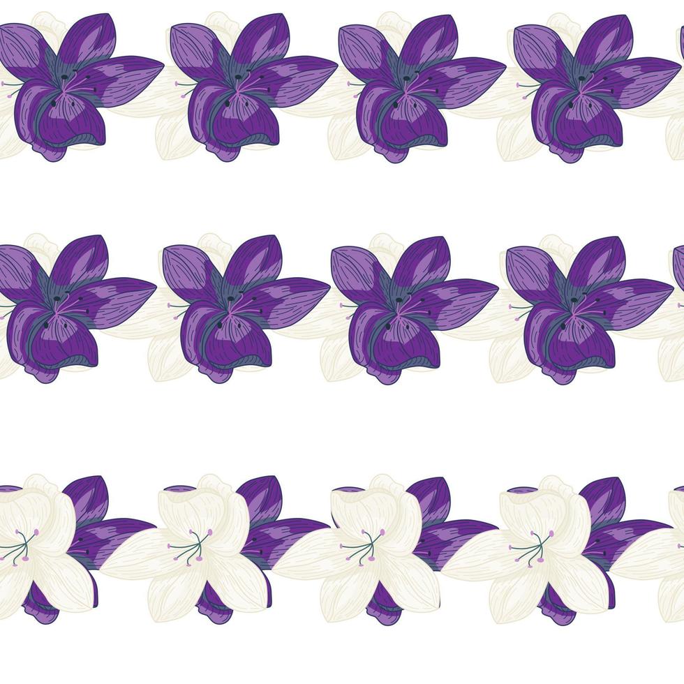 abstracte natuur naadloze doodle patroon met paarse omtrek bloemen vormen. witte achtergrond. vector
