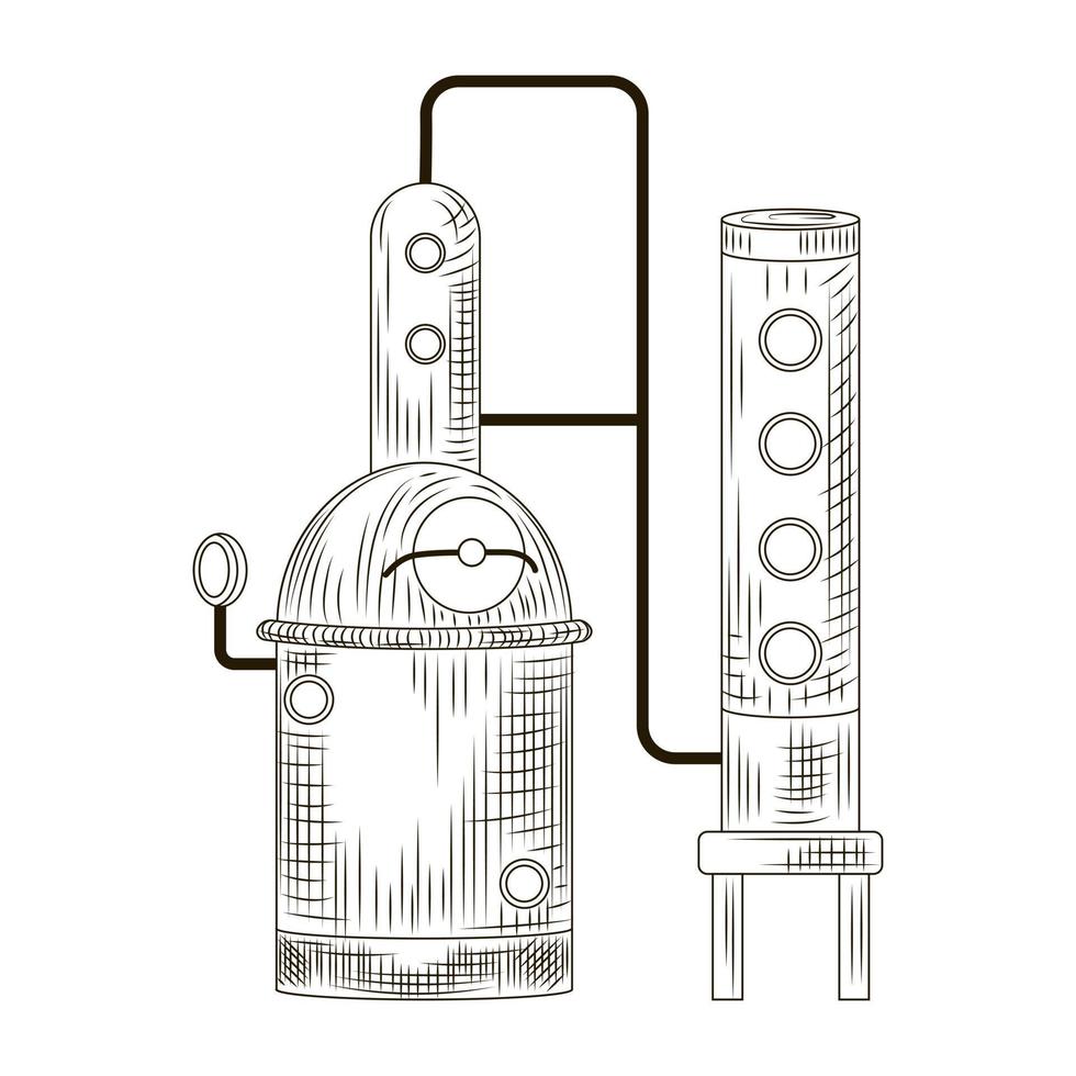 alambiek schnaps gegraveerde stijl geïsoleerd op een witte achtergrond. vintage schets zwarte omtrek close-up. vector