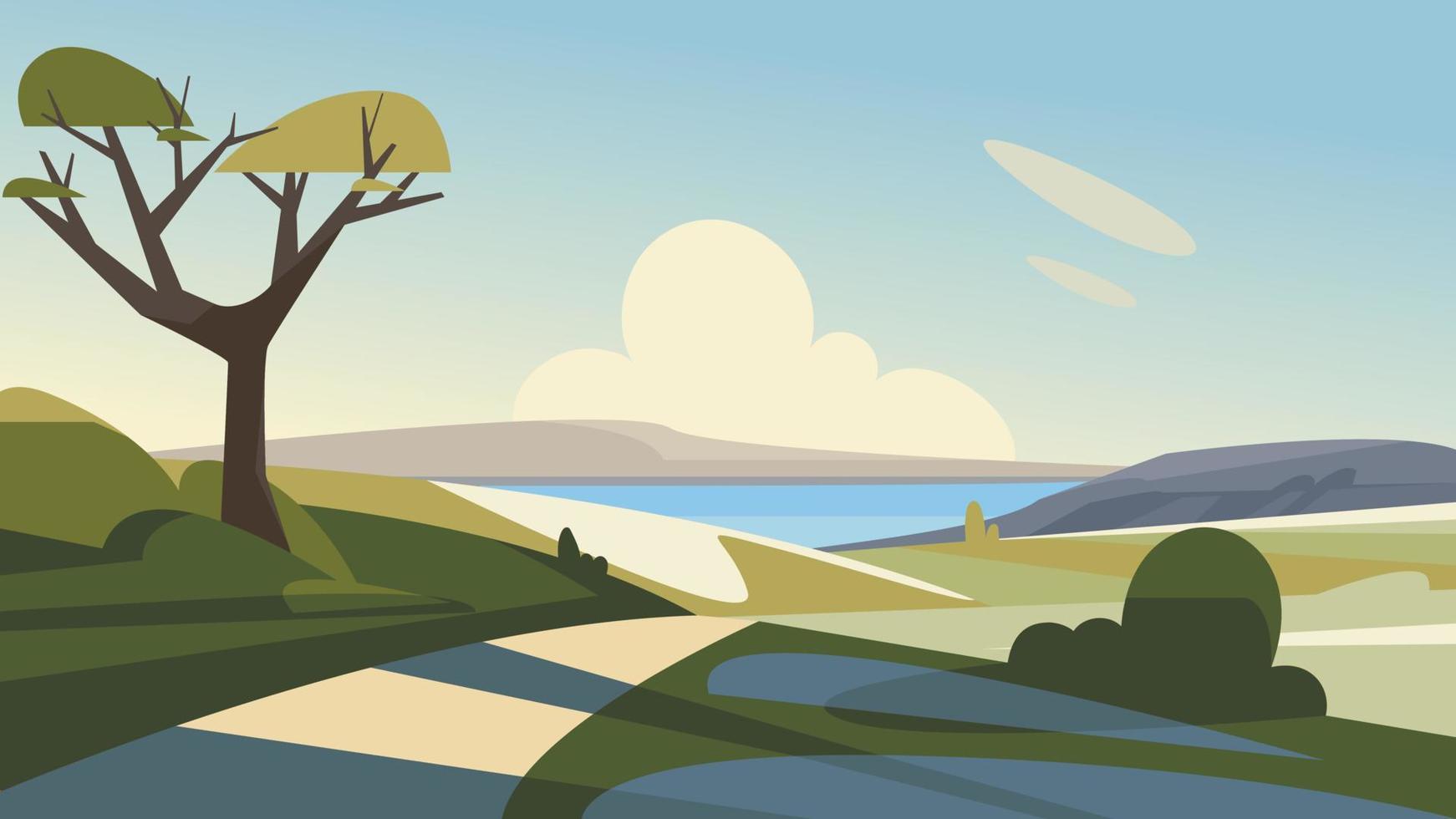 lente landschap met weg naar het meer. vector