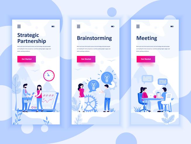 Set van onboarding schermen gebruikersinterfaceset voor Partnership, Brainstorming, Meeting, mobiele app-sjablonen concept. Modern UX, UI-scherm voor mobiele of responsieve website. Vector illustratie.