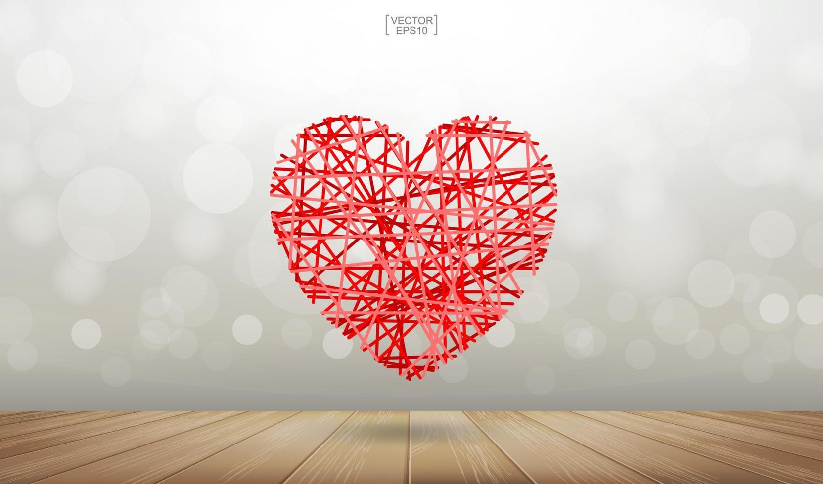 abstract rood hart zwevend over houten textuur achtergrond met licht wazig bokeh. vector. vector