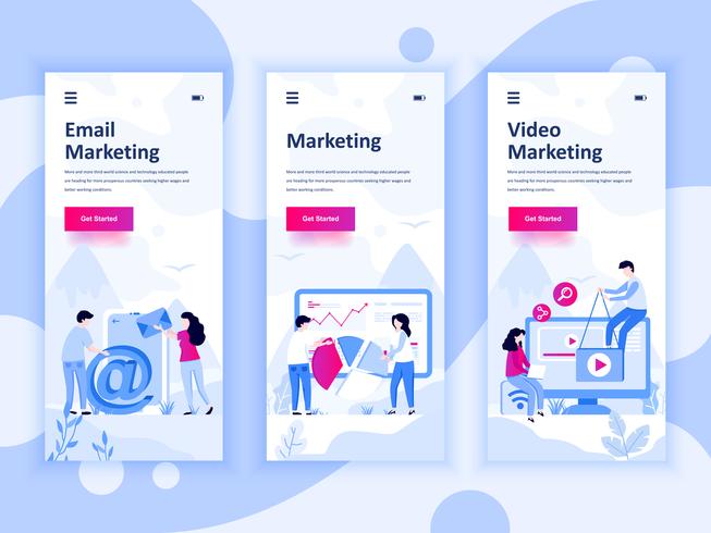 Set van onboarding schermen gebruikersinterfacekit voor video, e-mail, digitale marketing, mobiele app sjablonen concept. Modern UX, UI-scherm voor mobiele of responsieve website. Vector illustratie.