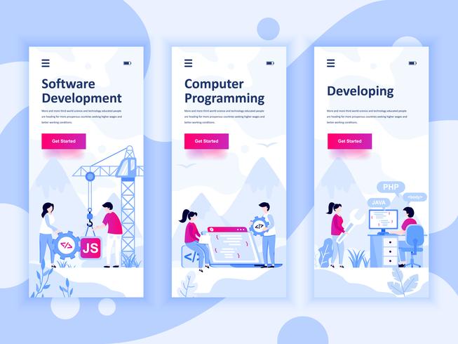 Set van onboarding schermen gebruikersinterfacekit voor ontwikkeling, programmering, ontwikkeling, mobiele app sjablonen concept. Modern UX, UI-scherm voor mobiele of responsieve website. Vector illustratie.