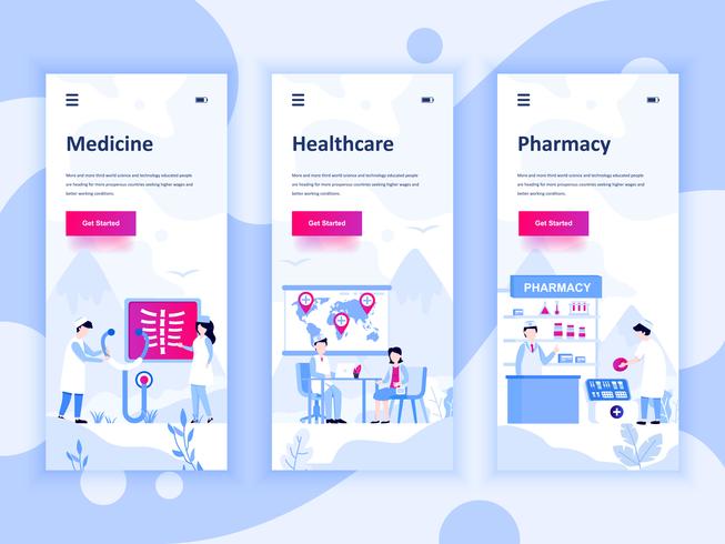 Set van onboarding schermen gebruikersinterfacekit voor geneeskunde, gezondheidszorg, apotheek, mobiele app sjablonen concept. Modern UX, UI-scherm voor mobiele of responsieve website. Vector illustratie.