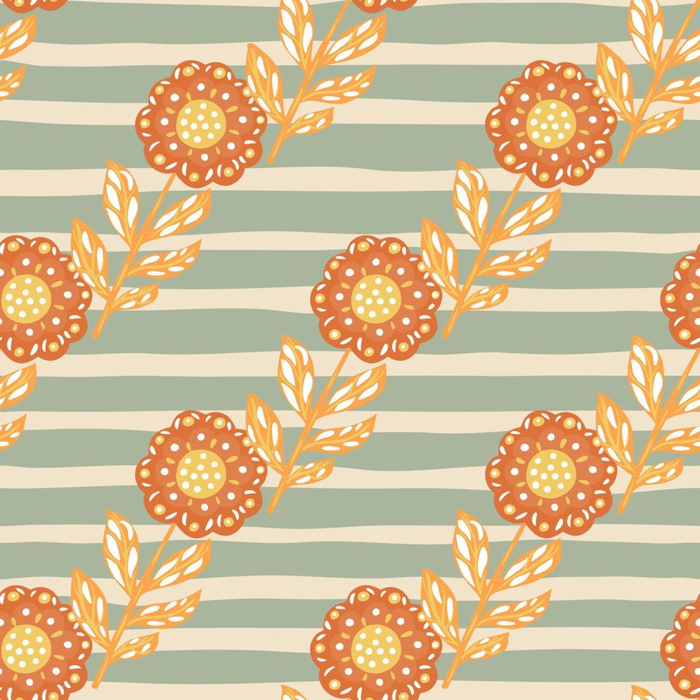 decoratief bloemen naadloos patroon met diagonale oranje volksbloemenelementen. grijs gestreepte bleke achtergrond. vector