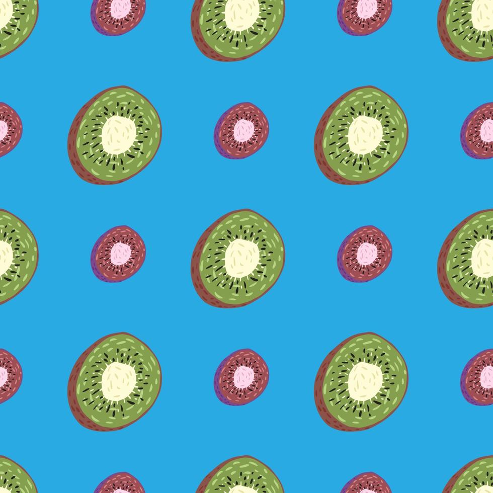 contrast naadloos patroon met doodle groene en roze kiwi-plakken. blauwe achtergrond. grappig ontwerp. vector