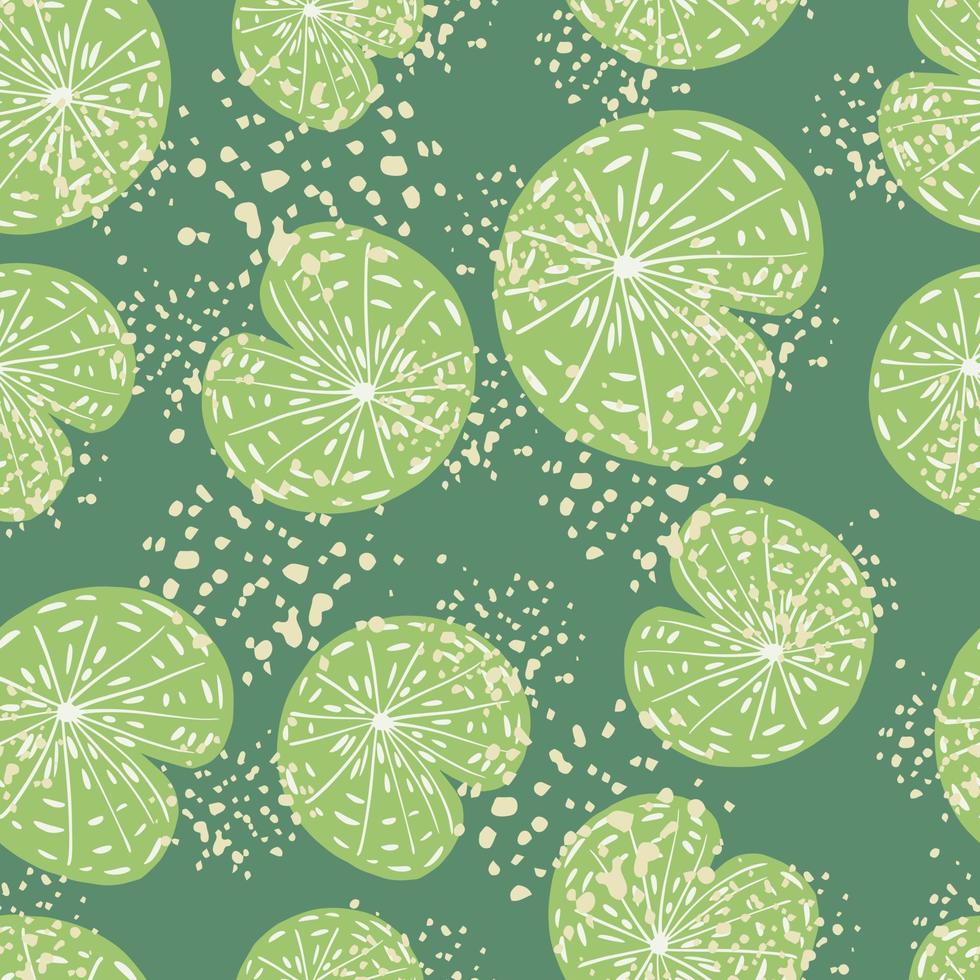japans natuur naadloos patroon met willekeurig lichtgroen leliewaterornament. turkooizen achtergrond met spatten. vector