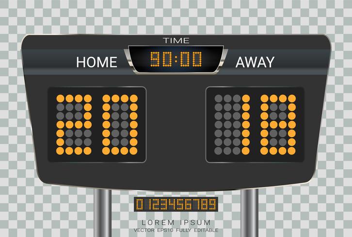 Digitaal scorebord voor timing, Sportvoetbal en voetbalwedstrijd Home Versus Away. vector