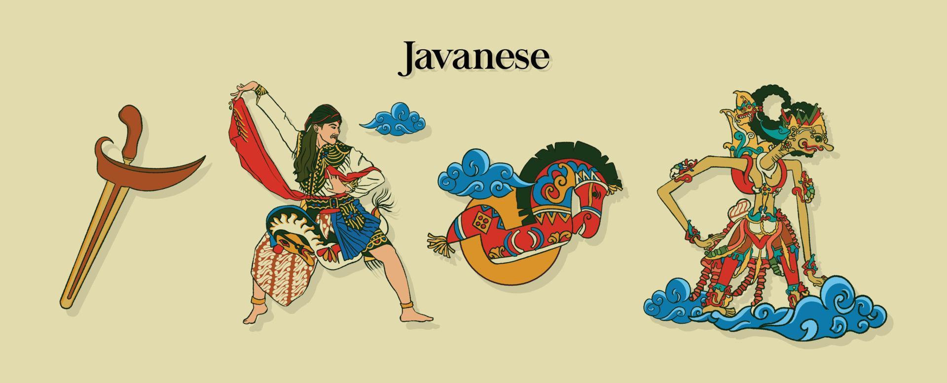 geïsoleerde Javaanse danseres met marionet en leerpaard. handgetekende Indonesische culturen achtergrond vector