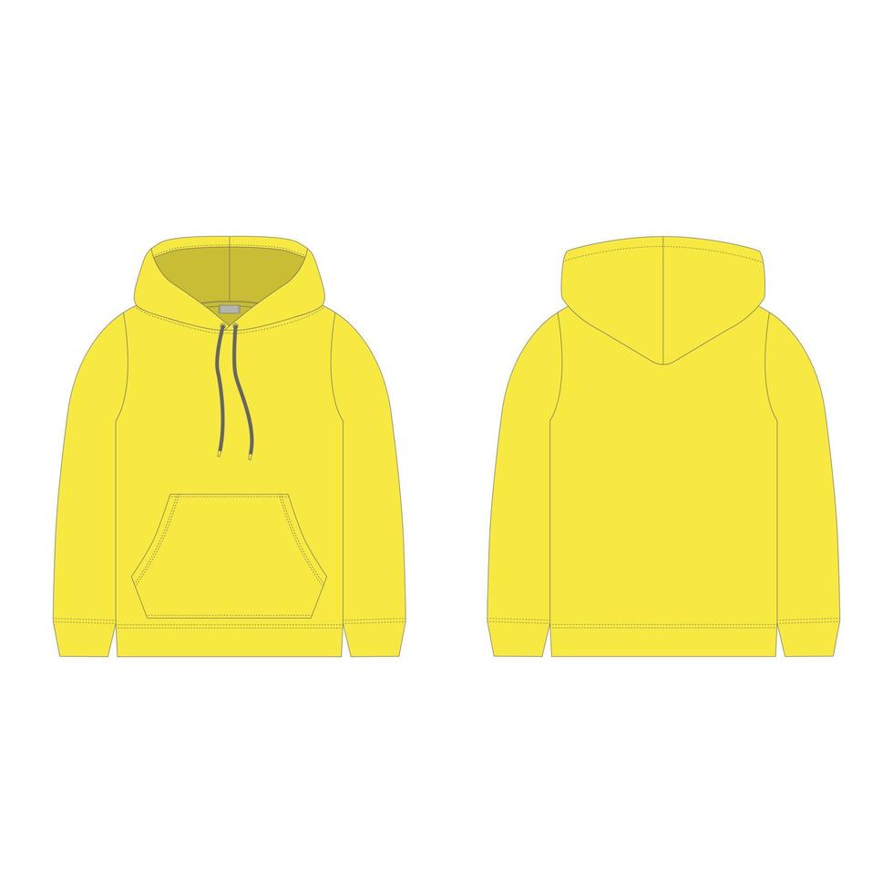 kinder hoodie in gele kleur geïsoleerd op een witte achtergrond. technische schets hoody kinderkleding. vector