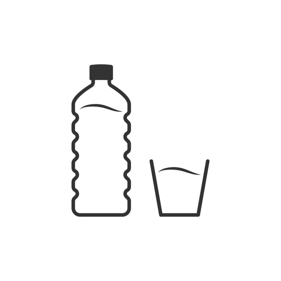 plastic fles en glas water. lijn icoon. reliëf fles. plat ontwerp. vector