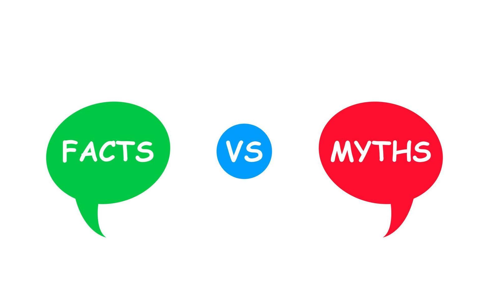 mythen versus feiten. groene en rode bubbels. tegen strijd. platte vector pictogram