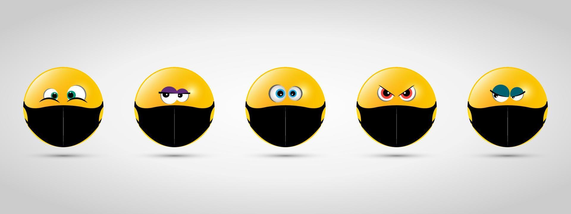 stel emoji in met zwart mondmasker. geel emoji-pictogram op grijze sjabloon. vector illustratie