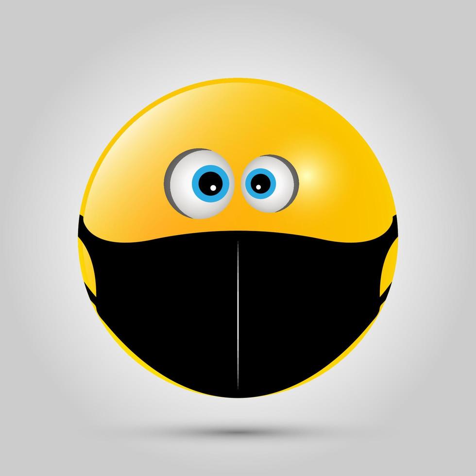 emoji met zwart mondmasker. geel emoji-pictogram op grijze sjabloon. vector illustratie