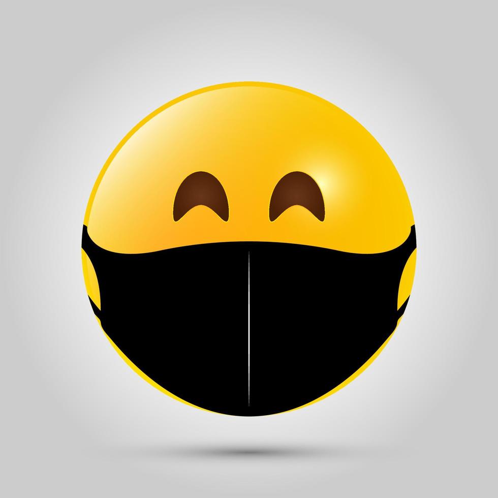 emoji met zwart mondmasker. geel emoji-pictogram op grijze sjabloon. vector illustratie