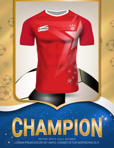 Sport poster sjabloon met voetbal jersey team ontwerp gouden en rode trend achtergrond. vector