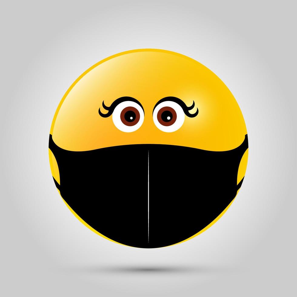 emoji met zwart mondmasker. geel emoji-pictogram op grijze sjabloon. vector illustratie