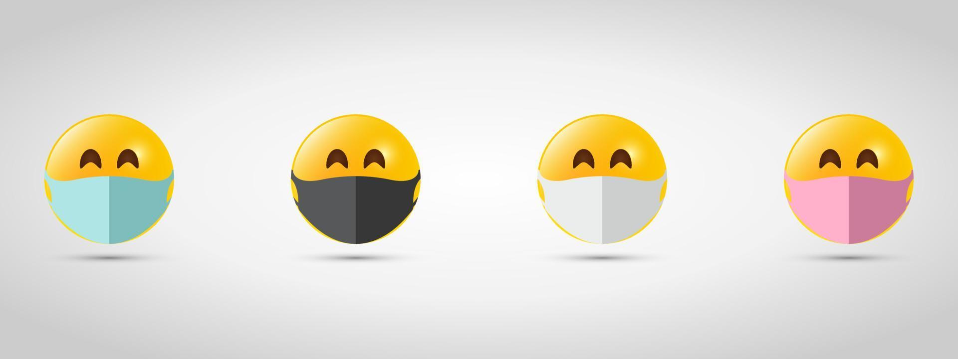 zet emoji in kleurrijke mondmaskers. virus bescherming. geel emoji-pictogram op grijze sjabloon. vector