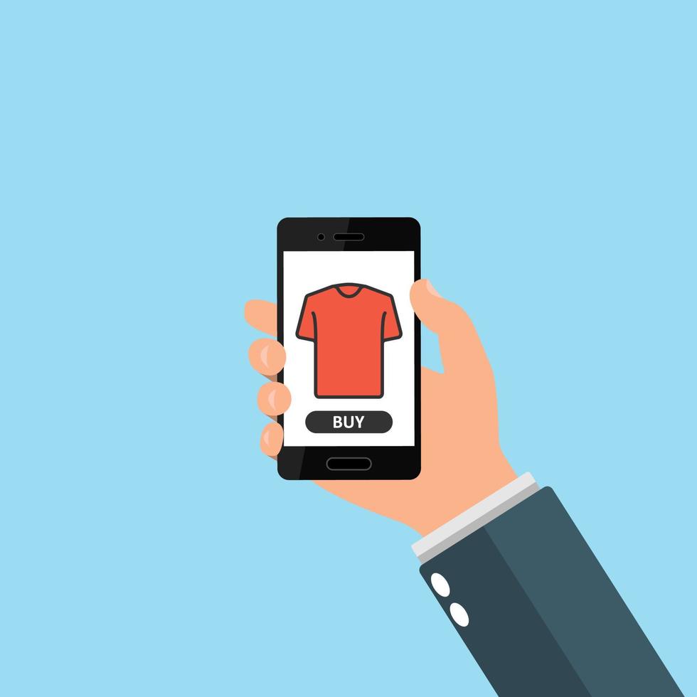 online winkelconcept. hand met smartphone. koop knop. kleding webshop. t-shirt icoon. vector