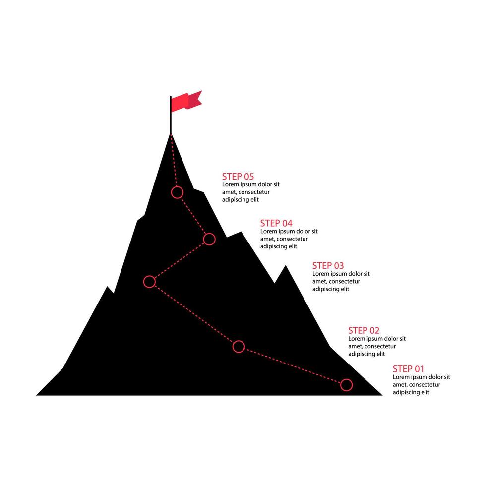 5 stappen naar succesinfographics. zwart pictogram. weg naar doel, omhoog, motivatie. pad naar de prestatie van het doel vector