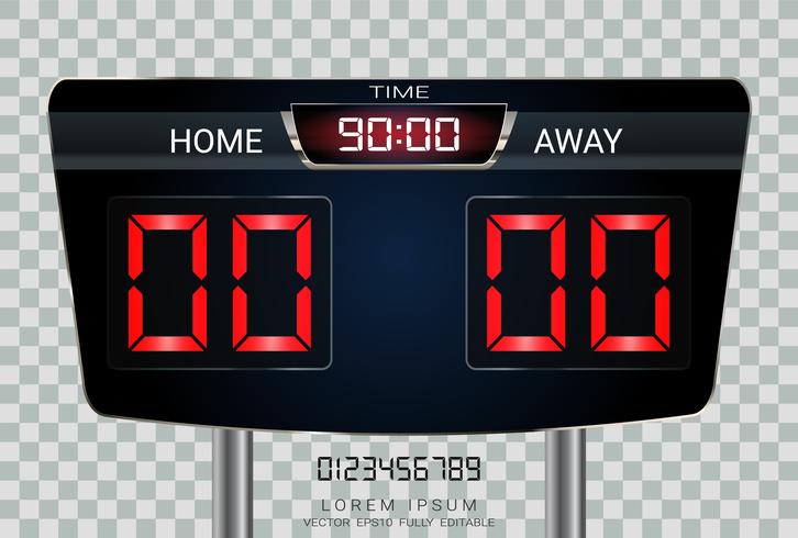 Digitaal scorebord voor timing, Sportvoetbal en voetbalwedstrijd Home Versus Away. vector
