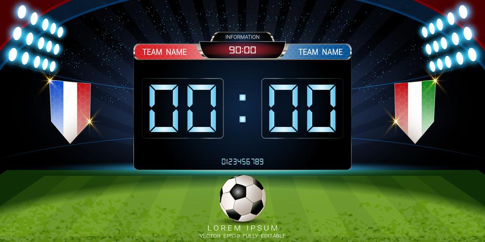 Digitaal timingsscorebord, voetbalwedstrijd met de vlag, strategie uitzending grafische sjabloon. vector
