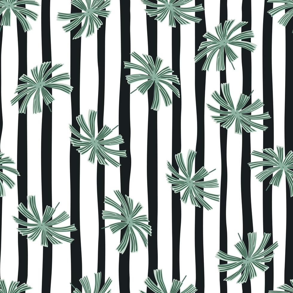willekeurig blauw gekleurde doodle palm licuala naadloze patroon. zwart-wit gestreepte achtergrond. vector