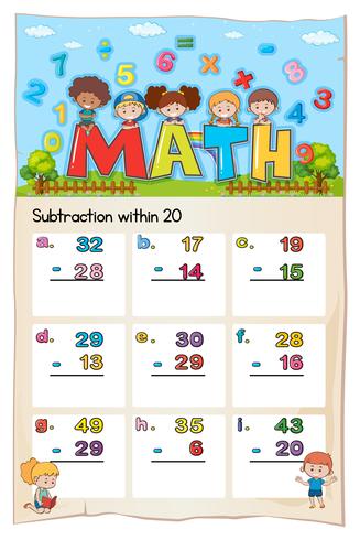 Math-werkbladsjabloon voor aftrekken binnen twintig vector