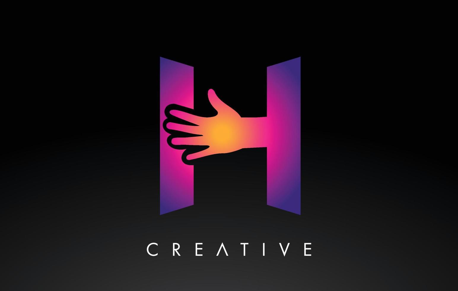 paarse letter h logo met hand silhouet vector pictogram illustratie. creatieve hand logo brief