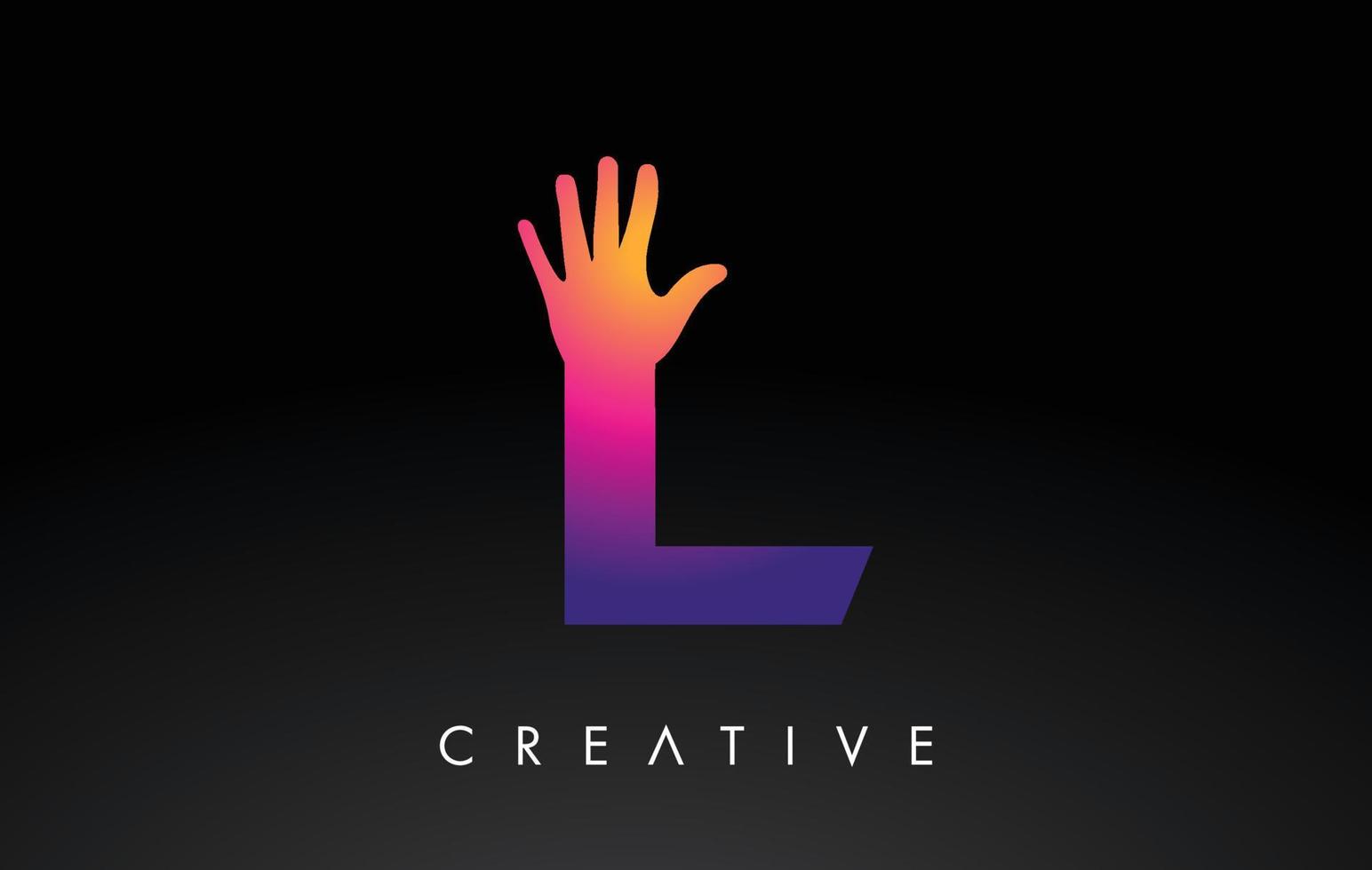 paarse letter l-logo met hand silhouet vector pictogram illustratie. creatieve hand logo brief