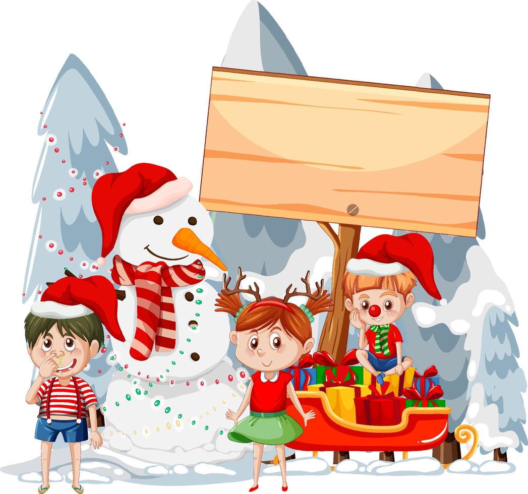 kerstseizoen met kinderen in kerstkostuums en sneeuwpop vector
