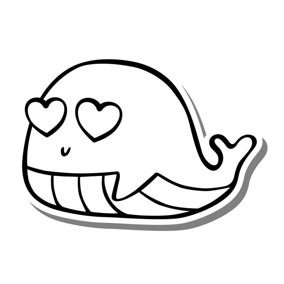 schattige cartoon walvis met hart ogen verliefd zwart-wit. doodle op wit silhouet en grijze schaduw. vectorillustratie over Valentijn. vector