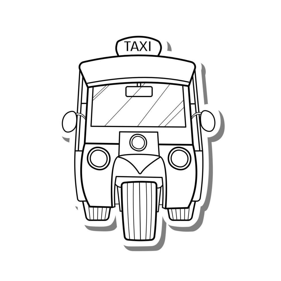 tekening zwarte lijn kleine taxi openbare driewieler in thailand genaamd 'tuk tuk'. kleurplaten voor kinderen of geïnteresseerden. vectorillustratie over beroemd item van thailand. vector