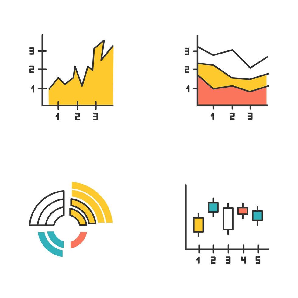 grafiek en grafiek gekleurde pictogrammen instellen. radiaal diagram met toenemende waarden. vlakdiagrammen met segmenten en secties. verticaal spreidingshistogram. zakelijk onderzoek, rapport. geïsoleerde vectorillustraties vector