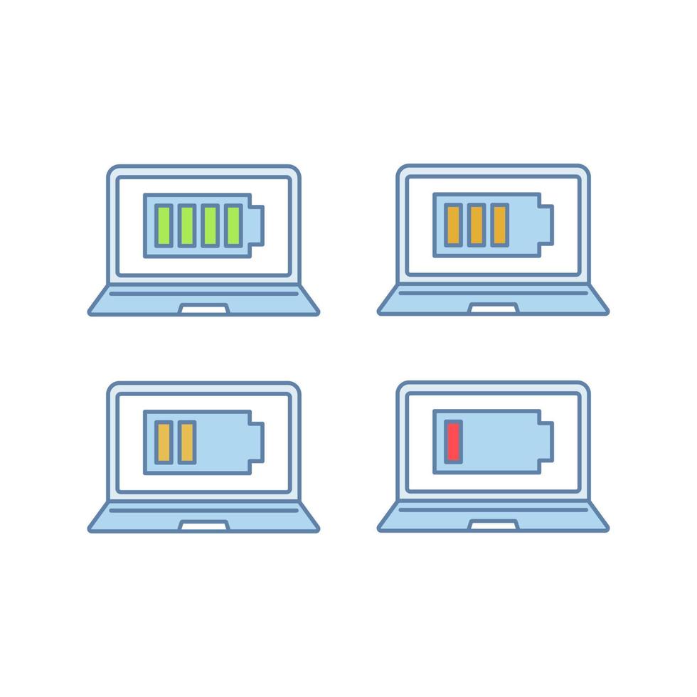 laptop batterij opladen kleur iconen set. computer hoge, lage, gemiddelde lading. batterijniveau-indicator van de notebook. geïsoleerde vectorillustraties vector