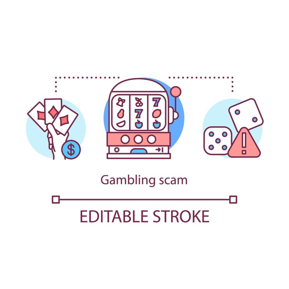 gokken zwendel concept icoon. casino verslaving idee dunne lijn illustratie. gokautomaat, dobbelstenen en kaartspellen fraude. poker en blackjack. fortuin spellen. vector geïsoleerde overzichtstekening. bewerkbare streek