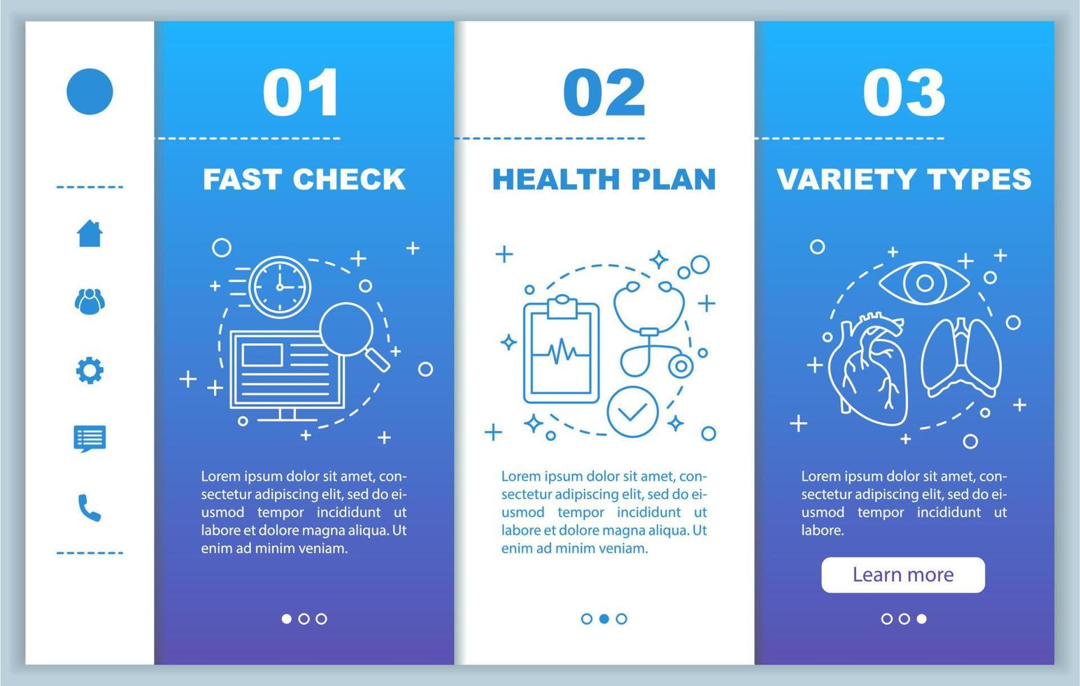 medische diensten onboarding mobiele webpagina's vector sjabloon. diagnose. medisch EXAMEN. gezondheidszorg en geneeskunde. responsieve smartphone website-interface. webpagina walkthrough stap schermen