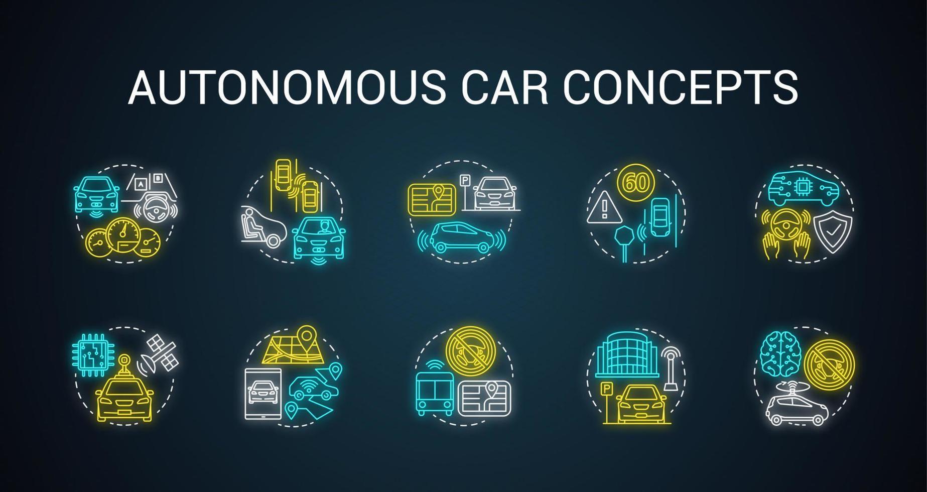 autonome auto neon licht concept pictogrammen instellen. auto robot functies. voertuigen zonder bestuurder. intelligent auto-idee. gloeiend bord met alfabet, cijfers en symbolen. vector geïsoleerde illustratie