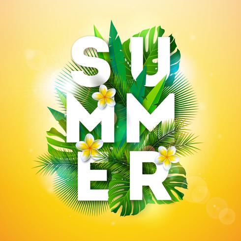 Vector zomer vakantie illustratie met typografie brief en tropische palm bladeren op gele achtergrond. Exotische planten en bloemen