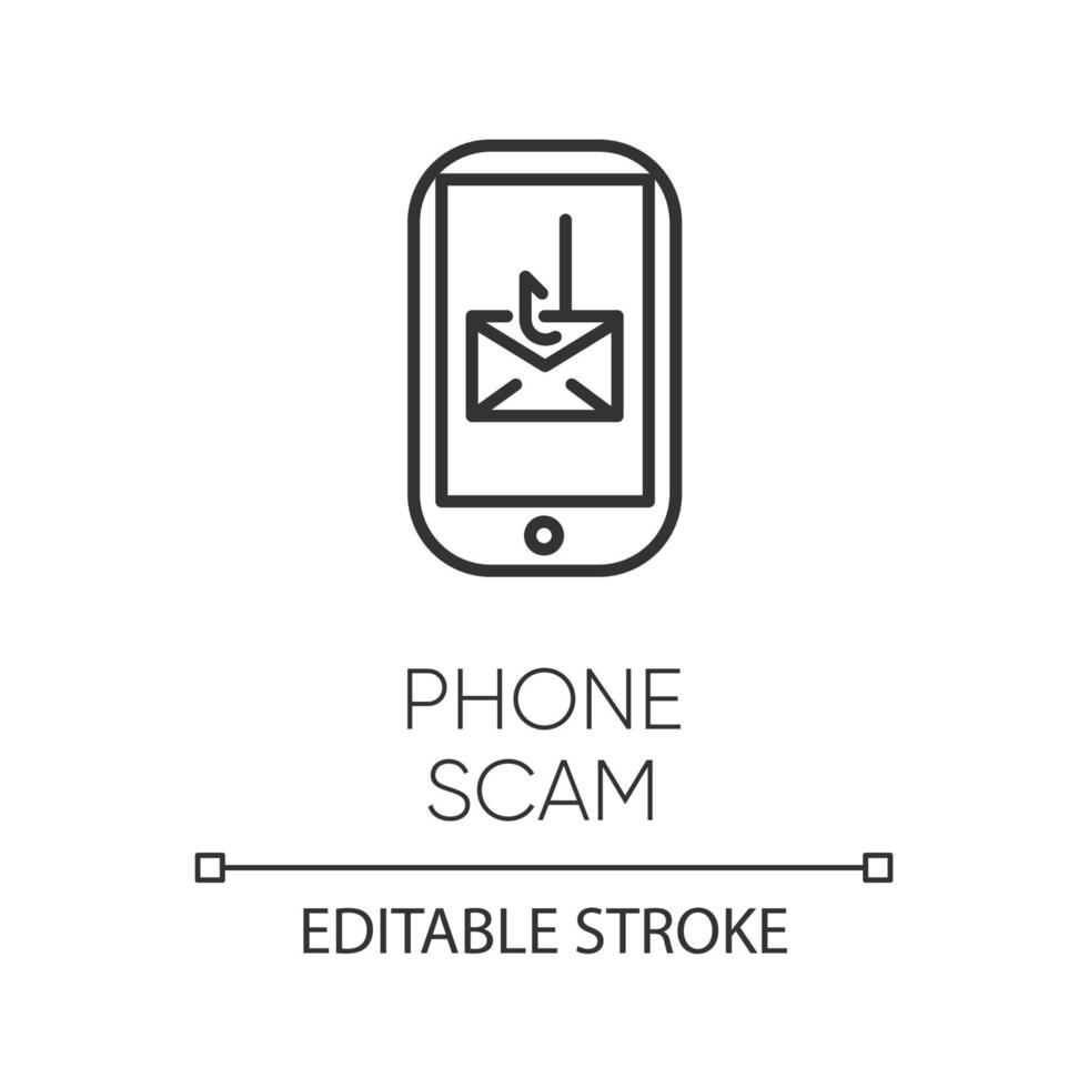 telefoon scam lineaire pictogram. communicatie fraude. truc met één ring. smishing, sms-phishing. telefonische oplichting. dunne lijn illustratie. contour symbool. vector geïsoleerde overzichtstekening. bewerkbare streek