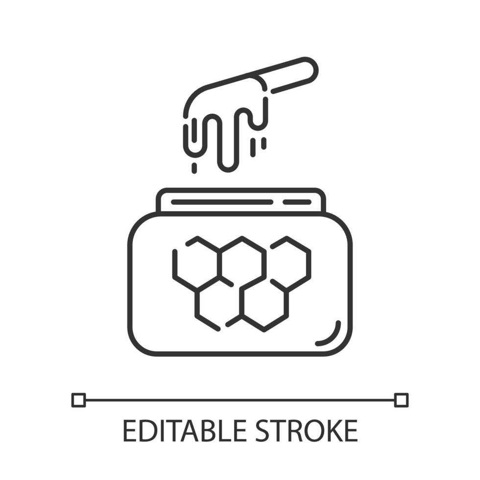 honing waxen lineaire pictogram. natuurlijke zachte koude was in pot met spatel. apparatuur voor het verwijderen van lichaamshaar. dunne lijn illustratie. contour symbool. vector geïsoleerde overzichtstekening. bewerkbare streek